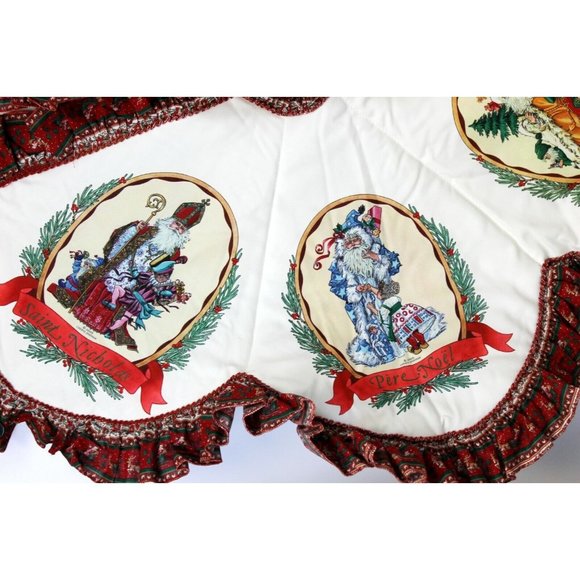 VTG 1980s Handmade Tree Skirt Cheryl Johnson Print Santa Sleigh Reindeer Trim - Picture 5 of 8